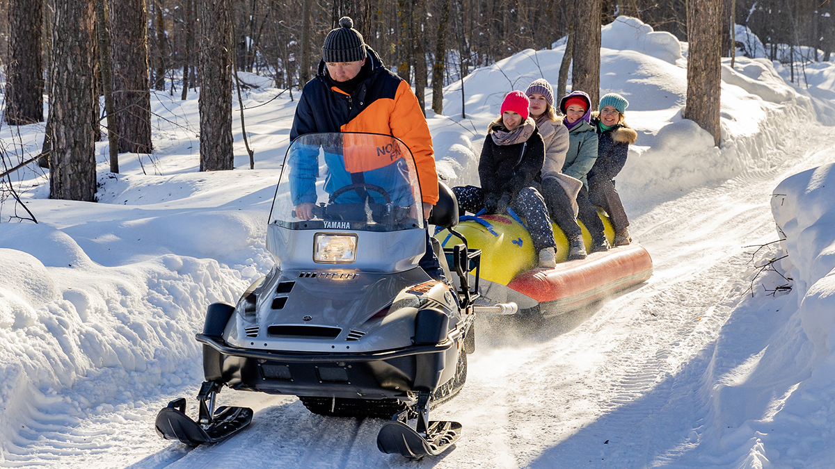 A Family snowmobiling through the woods in Winter.